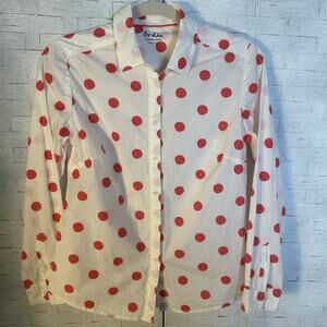Boden womens blouse white pink polkadot long sleeve button up feminine whimsical